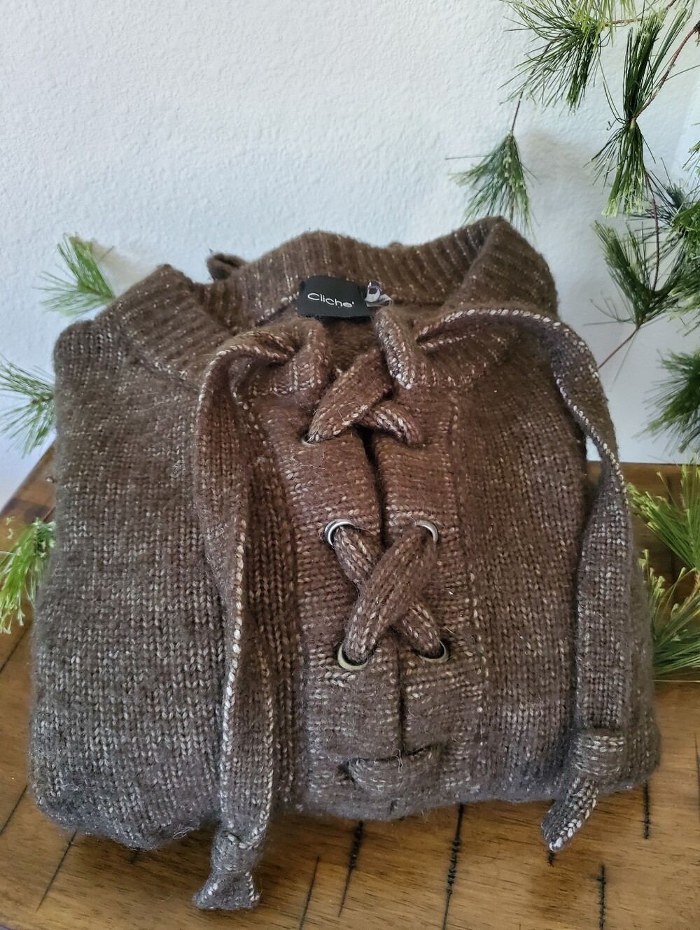 Cliche Lace Up Knit Pullover Sweater Brown Heather Chunky Boho Wool Blend